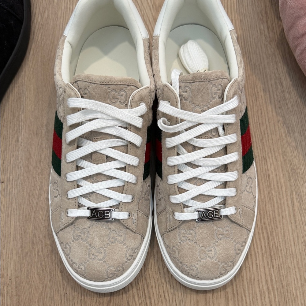 Gucci Beige suede Ace Sneakers with Red and Green Accents